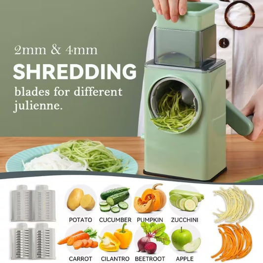 4-in-1 Multifunctional Manual Vegetable Grater – 3 Interchangeable Wheels with Suction Base