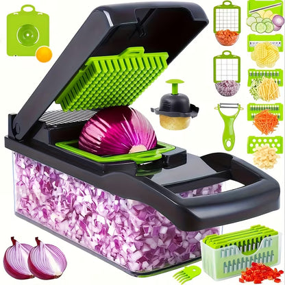 16-in-1 Multifunctional Food Chopper – Vegetable Slicer, Dicer, Onion Chopper with 8 Blades, Strainer & Storage Containers