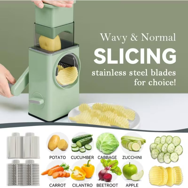 4-in-1 Multifunctional Manual Vegetable Grater – 3 Interchangeable Wheels with Suction Base