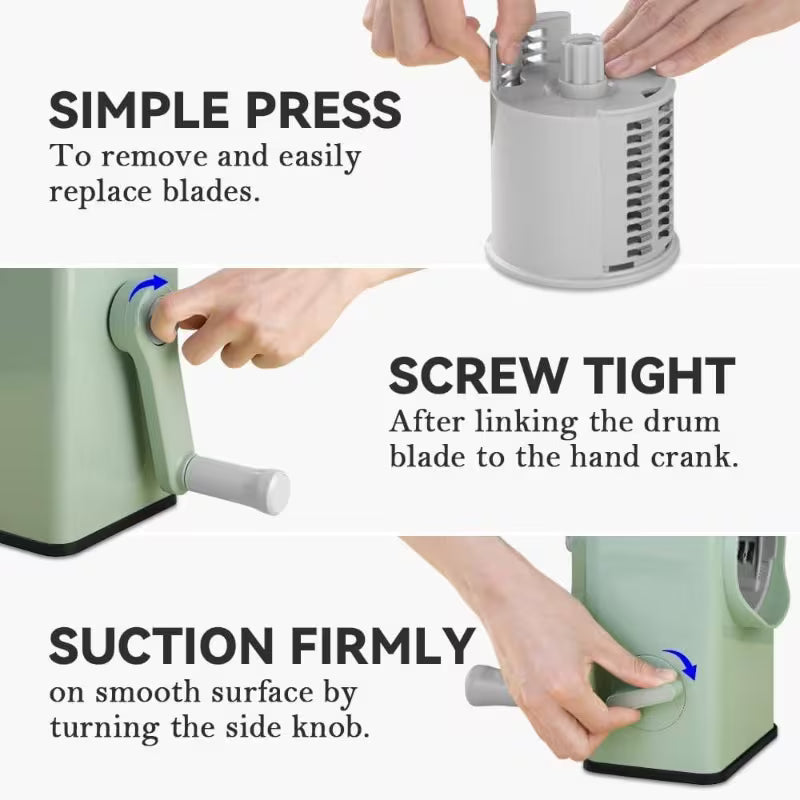 4-in-1 Multifunctional Manual Vegetable Grater – 3 Interchangeable Wheels with Suction Base