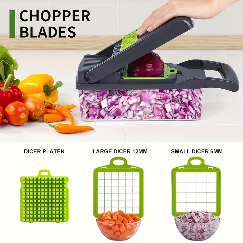16-in-1 Multifunctional Food Chopper – Vegetable Slicer, Dicer, Onion Chopper with 8 Blades, Strainer & Storage Containers