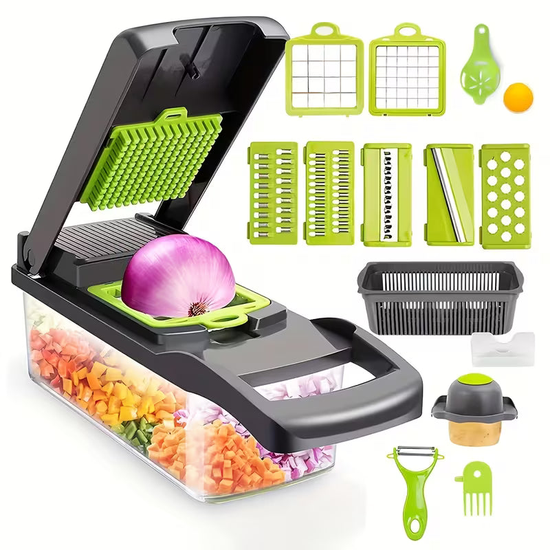16-in-1 Multifunctional Food Chopper – Vegetable Slicer, Dicer, Onion Chopper with 8 Blades, Strainer & Storage Containers